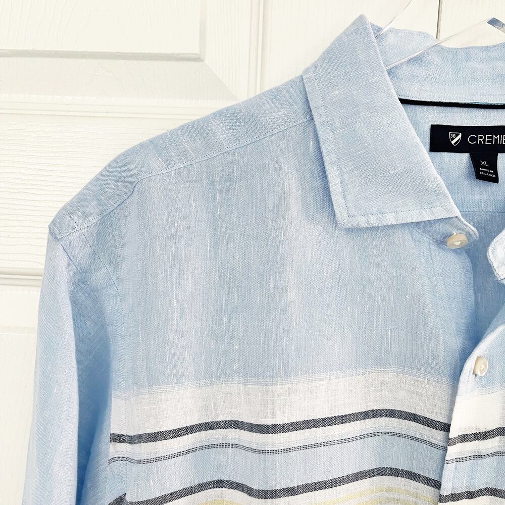 Cremieux Linen Striped Blue Long Button Up Sleeve Shirt - Picture 2 of 7